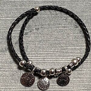 Multi strand braided leather charm bracelet w/ silver plated charms, adjustable